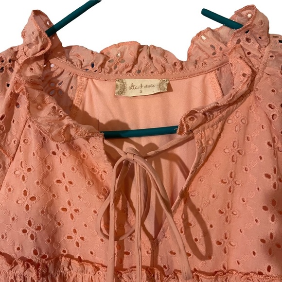 Altar'd State Pink Eyelet Ruffle Tiered Boho Flowy Top Short Mini Dress Size S - Picture 4 of 6